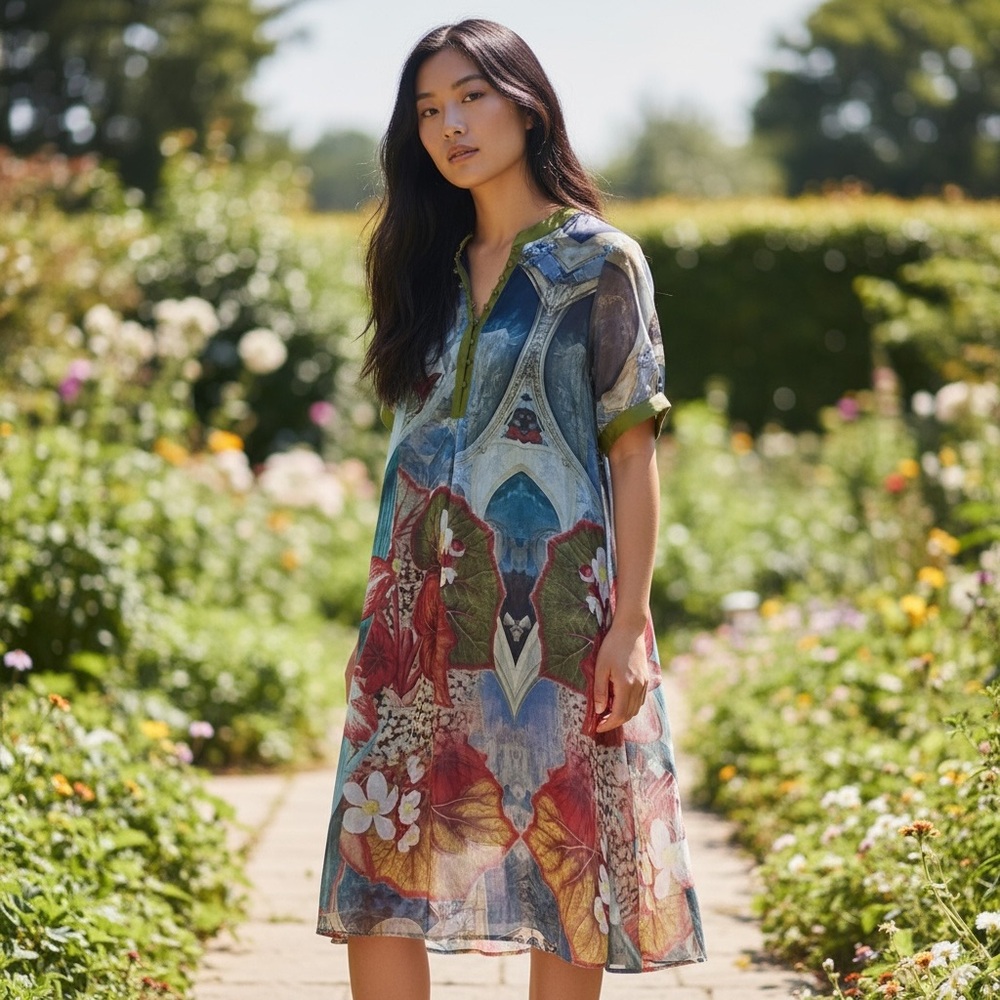 Sheer Silk shell Floral Dress XL Boho Lagenlook Art Wear Wearable Art Multicolor